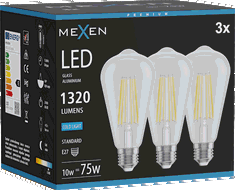 Mexen Vintis 3x Lampadina a filamento LED E27, ST64, 10W, Fredda - 6500K, 1320 lm, trasparente - L152-E27-1040-00x03