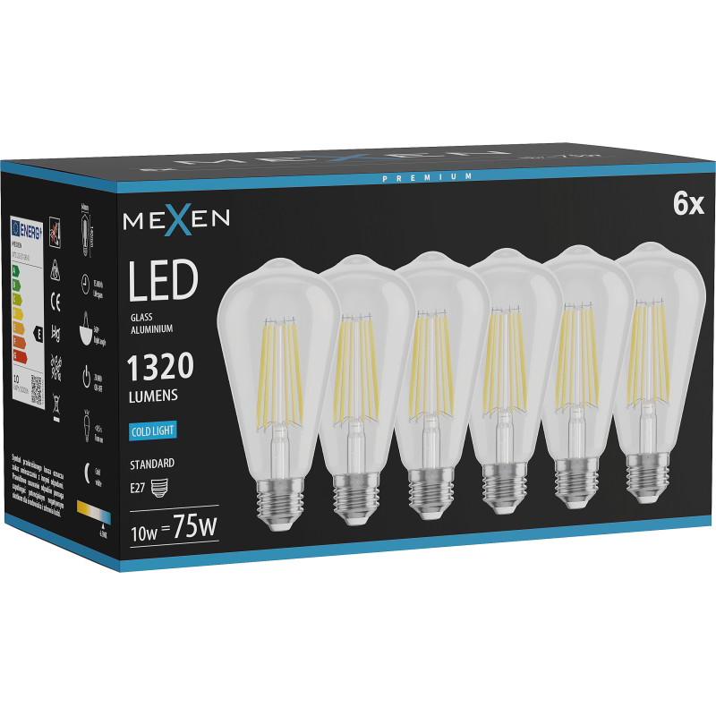Mexen Vintis 6x Bombilla LED de filamento E27, ST64, 10W, Fría - 6500K, 1320 lm, transparente - L152-E27-1040-00x06