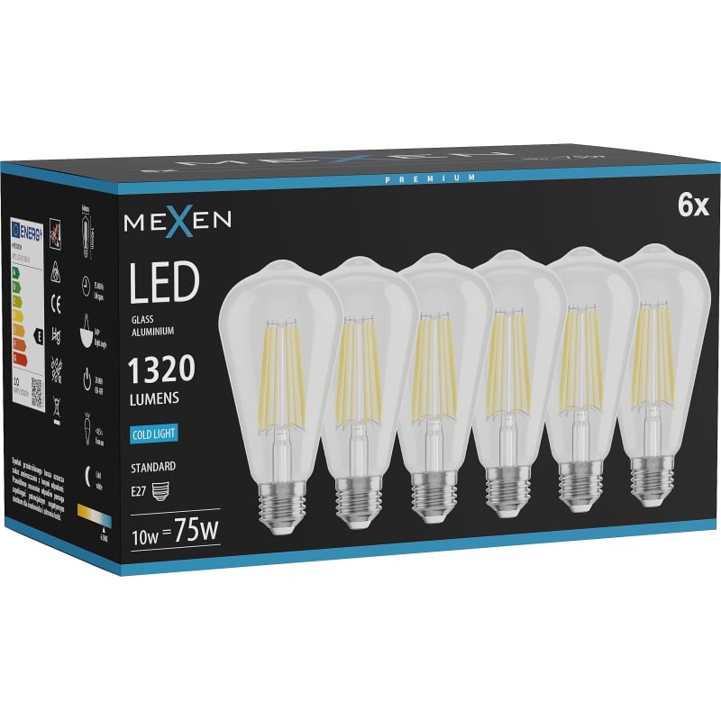 Mexen Vintis 6x Filament-LED-Glühbirne E27, ST64, 10W, Kalt - 6500K, 1320 lm, klar - L152-E27-1040-00x06 - L152-E27-1065-00x06