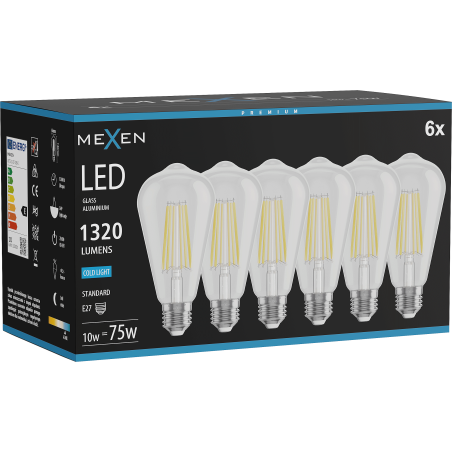 Mexen Vintis 6x LED-filamentlampa E27, ST64, 10W, Kall - 6500K, 1320 lm, klar - L152-E27-1040-00x06 - L152-E27-1065-00x06