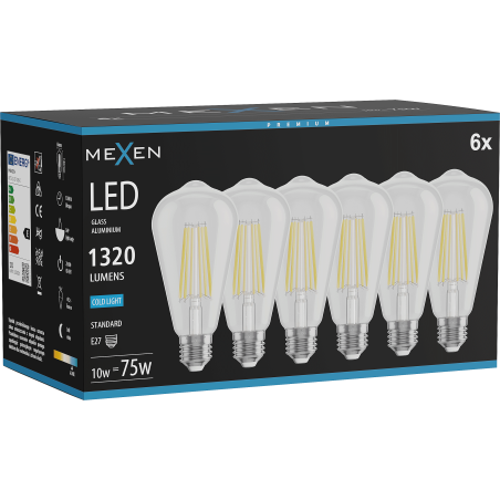 Mexen Vintis 6x Spuldzeņa filaments LED E27, ST64, 10W, Auksts - 6500K, 1320 lm, Caurspīdīgs - L152-E27-1040-00x06