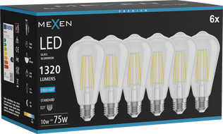 Mexen Vintis 6x LED filamentlambipirn E27, ST64, 10W, Külm - 6500K, 1320 lm, läbipaistev - L152-E27-1040-00x06