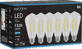 Mexen Vintis 6x Spuldzeņa filaments LED E27, ST64, 10W, Auksts - 6500K, 1320 lm, Caurspīdīgs - L152-E27-1040-00x06