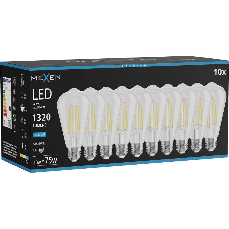 Mexen Vintis 10x Bombilla LED de filamento E27, ST64, 10W, Fría - 6500K, 1320 lm, transparente - L152-E27-1040-00x10