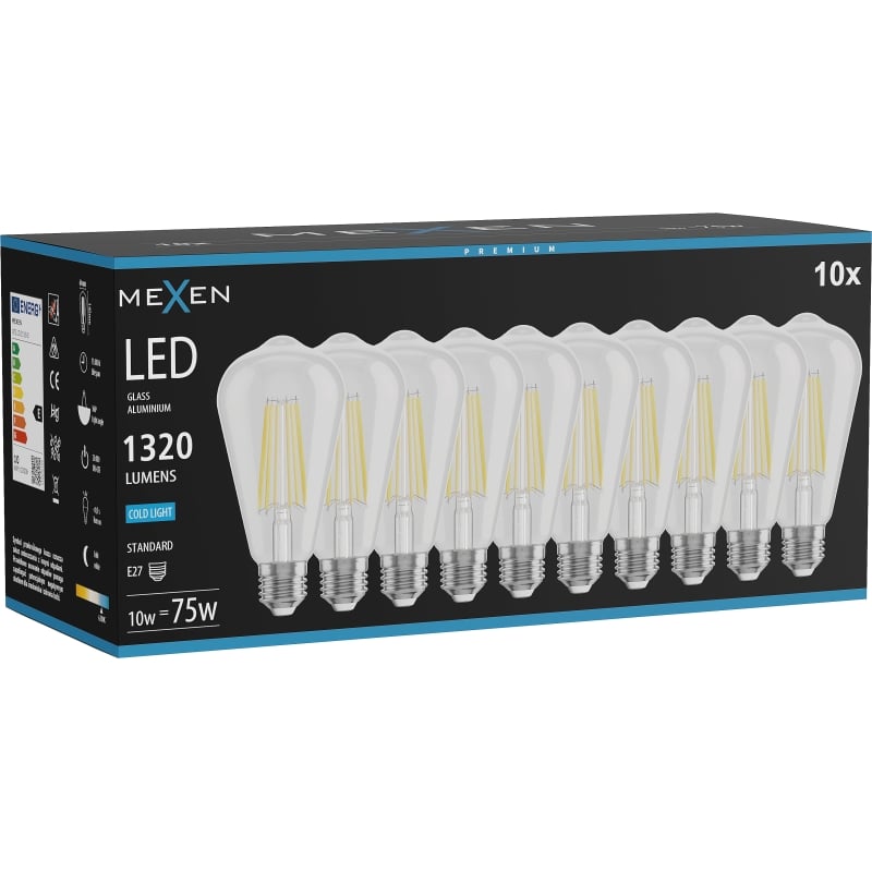 Mexen Vintis 10x Lampadina a filamento LED E27, ST64, 10W, Fredda - 6500K, 1320 lm, trasparente - L152-E27-1040-00x10