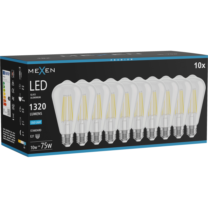 Mexen Vintis 10x LED diegu spuldze E27, ST64, 10W, Auksta - 6500K, 1320 lm, caurspīdīgs - L152-E27-1040-00x10