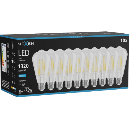Mexen Vintis 10x LED diegu spuldze E27, ST64, 10W, Auksta - 6500K, 1320 lm, caurspīdīgs - L152-E27-1040-00x10