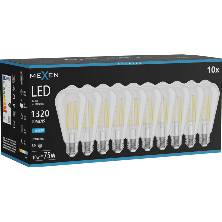 Mexen Vintis 10x LED-filamentlampa E27, ST64, 10W, Kall - 6500K, 1320 lm, klar - L152-E27-1040-00x10 - L152-E27-1065-00x10
