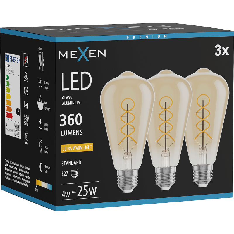Mexen Vintis 3x LED spirāles filamenta spuldze E27, ST64, 4W, Silts - 2200K, 360 lm, dzintars - L162-E27-0422-50x03