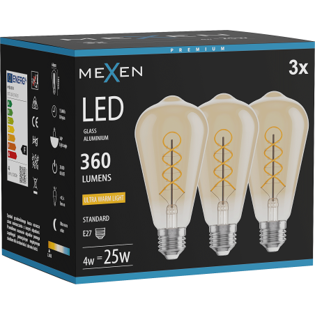 Mexen Vintis 3x LED-Filament-Glühbirne Spirale E27, ST64, 4W, Warm - 2200K, 360 lm, amber - L162-E27-0422-50x03