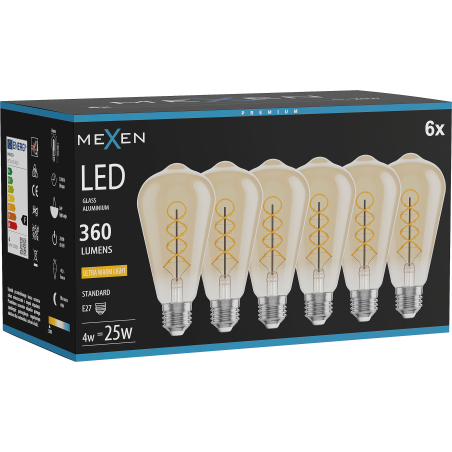 Mexen Vintis 6x Filament-LED-Lampe Spirale E27, ST64, 4W, Warm - 2200K, 360 lm, bernstein - L162-E27-0422-50x06