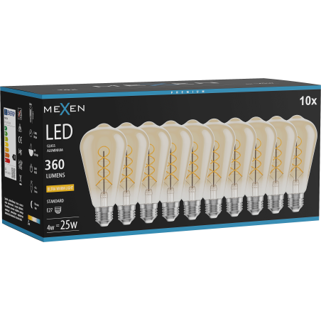Mexen Vintis 10x LED-filament spiral glödlampa E27, ST64, 4W, Varm - 2200K, 360 lm, amber - L162-E27-0422-50x10