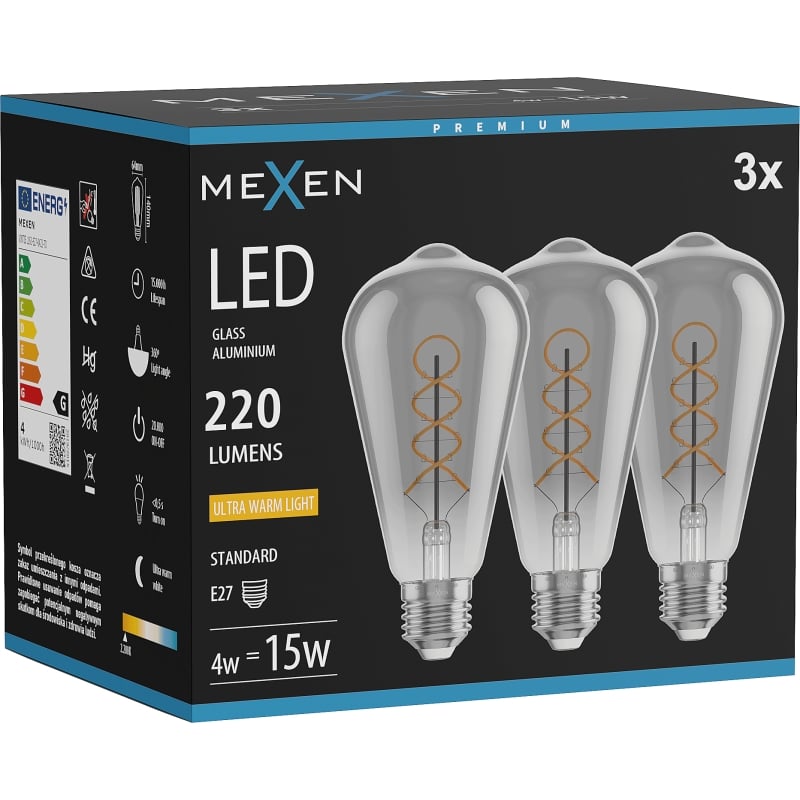 Mexen Vintis 3x LED filament spiraal gloeilamp E27, ST64, 4W, Warm - 2200K, 220 lm, smoke - L162-E27-0422-70x03
