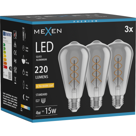 Mexen Vintis 3x LED filament spiraal gloeilamp E27, ST64, 4W, Warm - 2200K, 220 lm, smoke - L162-E27-0422-70x03
