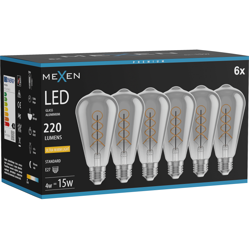 Mexen Vintis 6x LED spirāles kvēldiega spuldze E27, ST64, 4W, Silta - 2200K, 220 lm, dūmu - L162-E27-0422-70x06