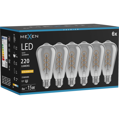 Mexen Vintis 6x Λαμπτήρας νήματος σπείρα LED E27, ST64, 4W, Θερμό - 2200K, 220 lm, smoke