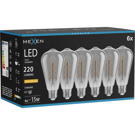 Mexen Vintis 6x LED-filament spiral glödlampa E27, ST64, 4W, Varm - 2200K, 220 lm, rökfärgad - L162-E27-0422-70x06
