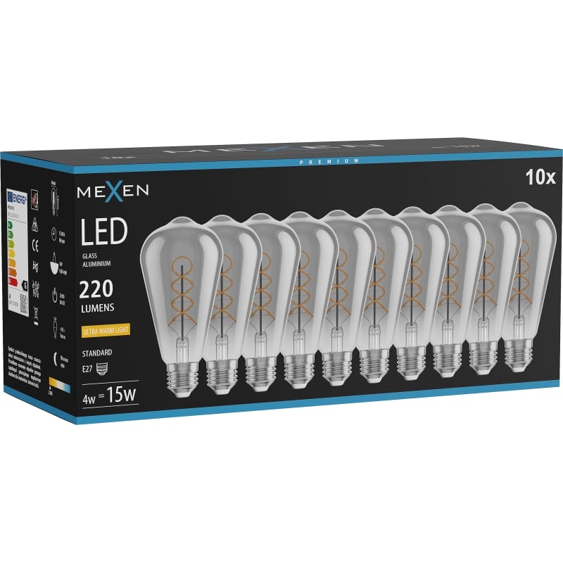 Mexen Vintis 10x LED-filamentspiral glödlampa E27, ST64, 4W, Varm - 2200K, 220 lm, rökfärgad - L162-E27-0422-70x10