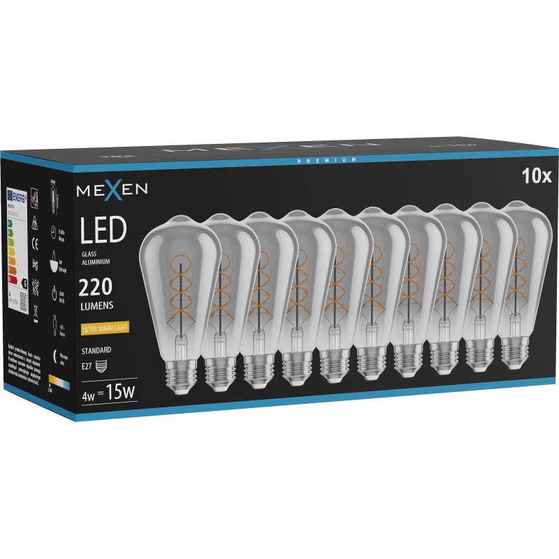 Mexen Vintis 10x LED-filamentti kierrelamppu E27, ST64, 4W, Lämmin - 2200K, 220 lm, smoke - L162-E27-0422-70x10