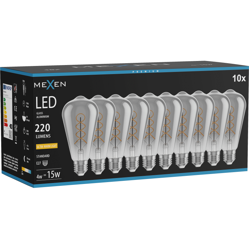 Mexen Vintis 10x spuldze ar LED kvēldiega spirāli E27, ST64, 4W, Silta - 2200K, 220 lm, dūmu - L162-E27-0422-70x10