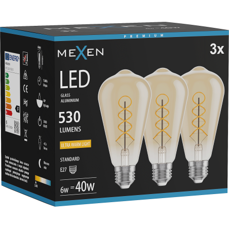 Mexen Vintis 3x Λάμπα νήματος σπείρας LED E27, ST64, 6W, Θερμή - 2200K, 530 lm,