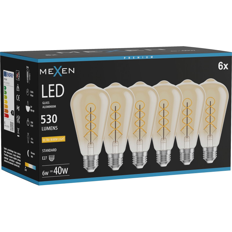 Mexen Vintis 6x Bombilla LED de filamento espiral E27, ST64, 6W, Cálida - 2200K, 530 lm, ámbar - L162-E27-0622-50x06