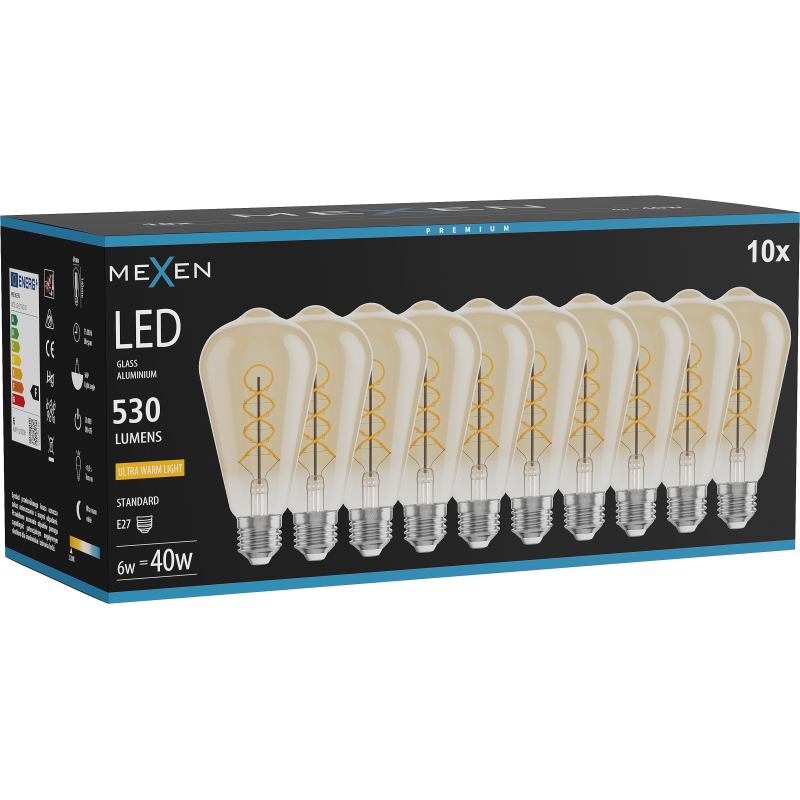 Mexen Vintis 10x Filamentspiral LED Glühbir  E27, ST64, 6W, Warm - 2200K, 530 lm, amber - L162-E27-0622-50x10