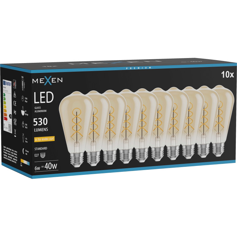 Mexen Vintis 10x LED-filamenttikierrelamppu E27, ST64, 6W, Lämmin - 2200K, 530 lm, meripihka - L162-E27-0622-50x10