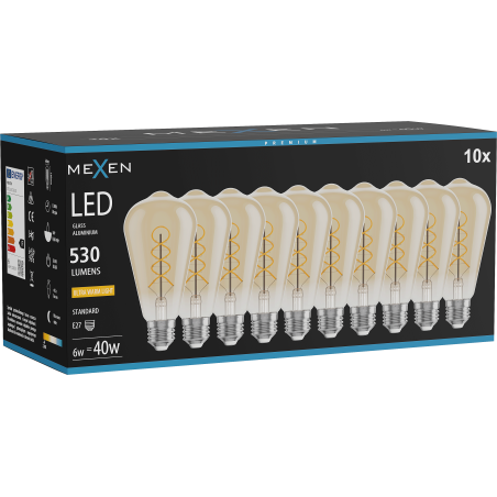 Mexen Vintis 10x LED filament spiralglödlampa E27, ST64, 6W, Varm - 2200K, 530 lm, bärnsten - L162-E27-0622-50x10