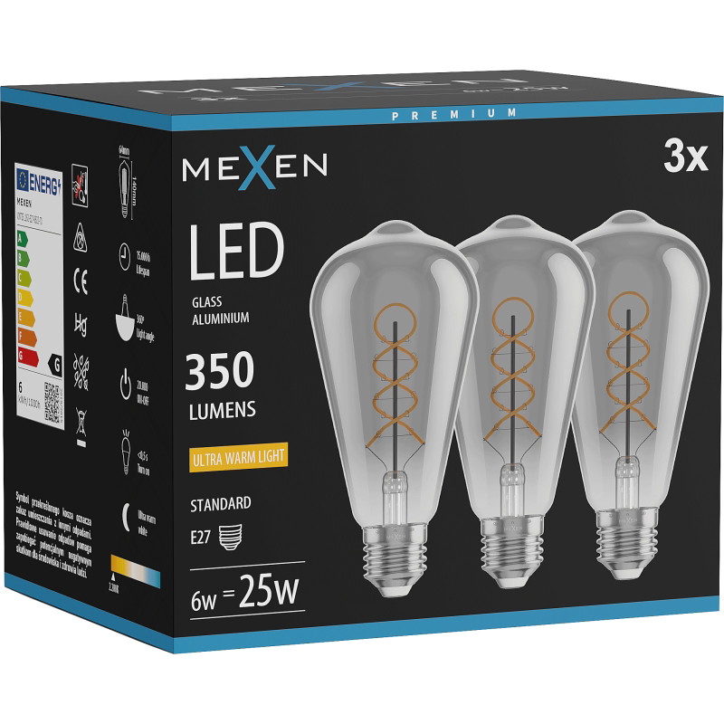 Mexen Vintis 3x Lampadina a filamento spirale LED E27, ST64, 6W, Calda - 2200K, 350 lm, fumo - L162-E27-0622-70x03