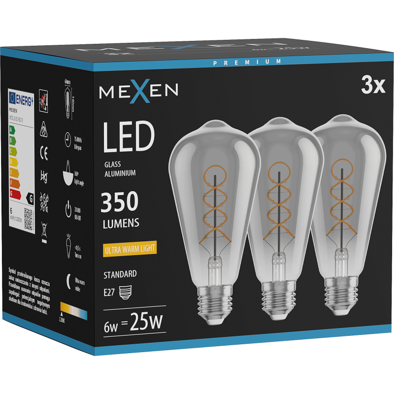 Mexen Vintis 3x LED žarnica filament spirala E27, ST64, 6W, Topla - 2200K, 350 lm, dimljena - L162-E27-0622-70x03