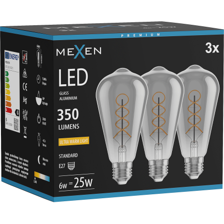 Mexen Vintis 3x Filament spiraallamp LED E27, ST64, 6W, Warm - 2200K, 350 lm, smoke - L162-E27-0622-70x03