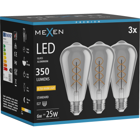 Mexen Vintis 3x LED Filament Bulb Spiral E27, ST64, 6W, Warm - 2200K, 350 lm, smoke - L162-E27-0622-70x03