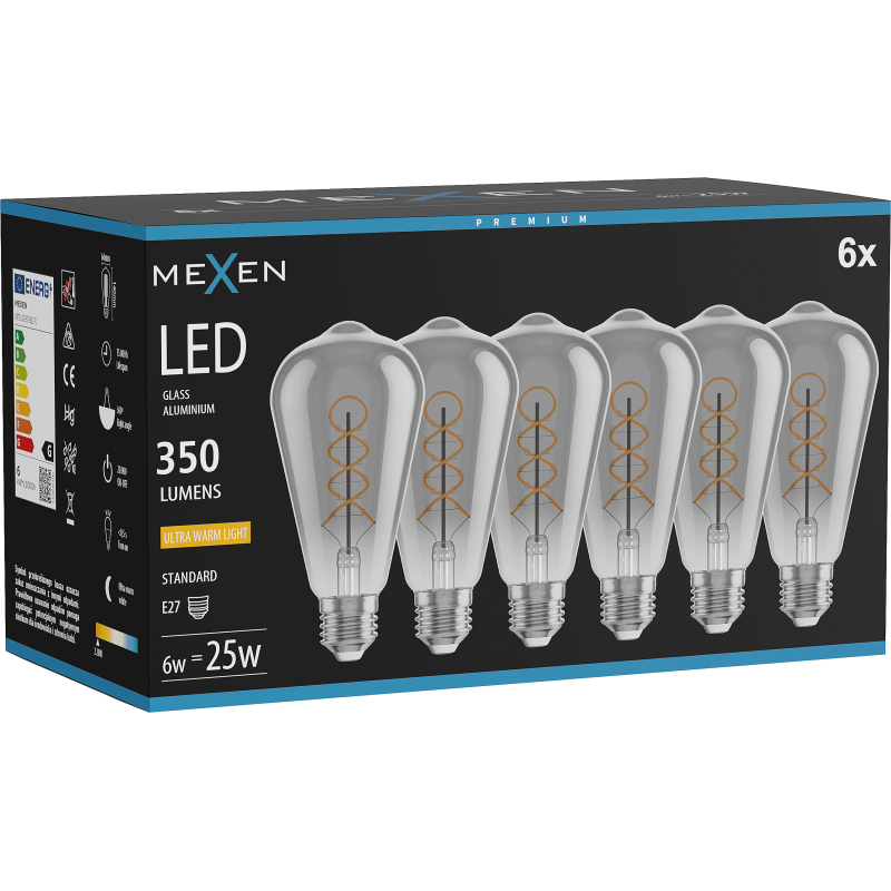 Mexen Vintis 6x Filamenta spirāles LED spuldze E27, ST64, 6W, Silta - 2200K, 350 lm, dūmu - L162-E27-0622-70x06