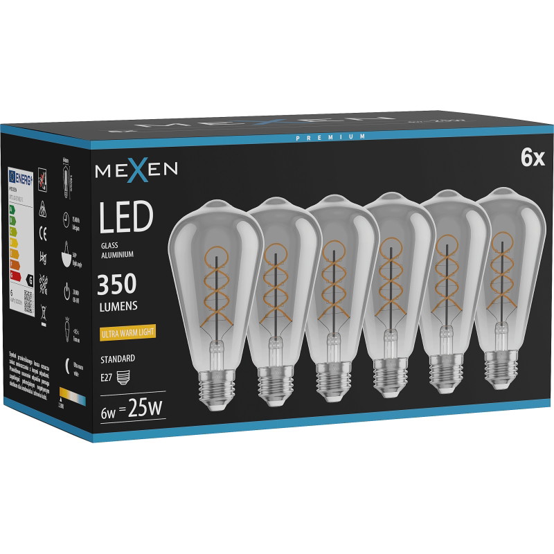 Mexen Vintis 6x Lampadina a filamento spiralato LED E27, ST64, 6W, Calda - 2200K, 350 lm, fumo - L162-E27-0622-70x06