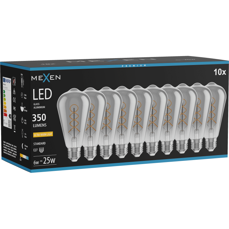 Mexen Vintis 10x Filamenta spirāles LED spuldze E27, ST64, 6W, Silta - 2200K, 350 lm, dūmu - L162-E27-0622-70x10