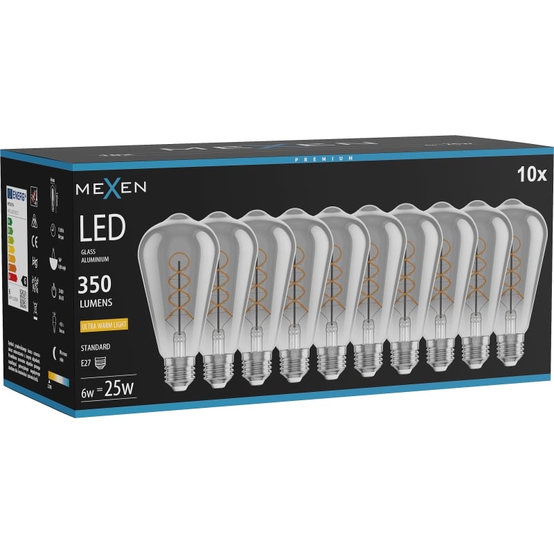 Mexen Vintis 10x LED-gloeilamp filament spiraal E27, ST64, 6W, Warm - 2200K, 350 lm, smoke - L162-E27-0622-70x10
