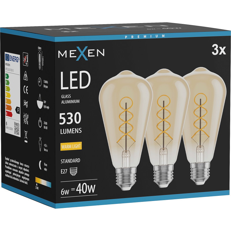 Mexen Vintis 3x Lampadina a filamento a spirale LED E27, ST64, 6W, Calda - 2700K, 530 lm, ambra - L162-E27-0627-50x03