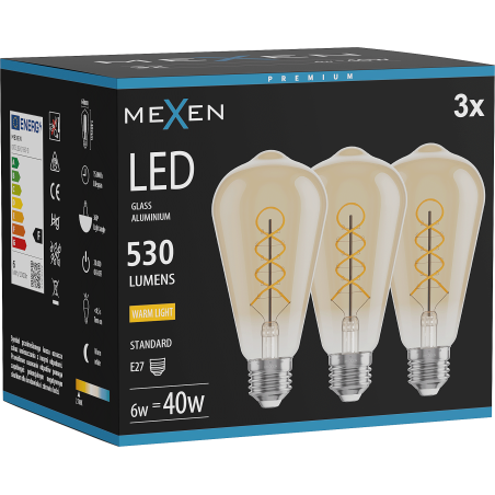Mexen Vintis 3x żarówka filament spirala LED E27, ST64, 6W, Ciepła - 2700K, 530 lm, amber - L162-E27-0627-50x03