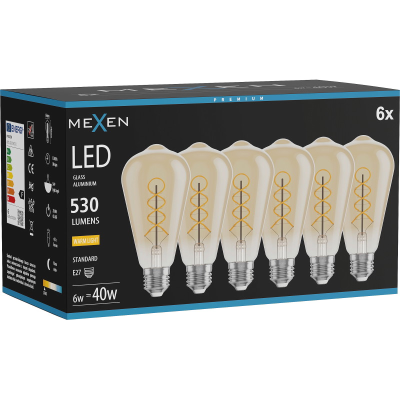 Mexen Vintis 6x Bombilla filament espiral LED E27, ST64, 6W, Cálida - 2700K, 530 lm, ámbar - L162-E27-0627-50x06