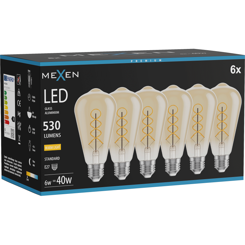 Mexen Vintis 6x LED kvēlspuldze spirāle E27, ST64, 6W, Silta - 2700K, 530 lm, dzintars - L162-E27-0627-50x06