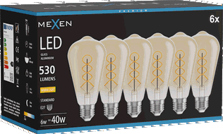 Mexen Vintis 6x LED spiralna filamentna žarulja E27, ST64, 6W, Topla - 2700K, 530 lm, amber - L162-E27-0627-50x06