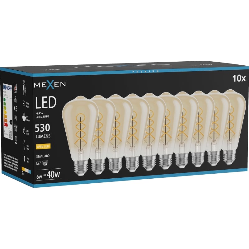 Mexen Vintis 10x LED filament glödlampa spiral E27, ST64, 6W, Varm - 2700K, 530 lm, amber - L162-E27-0627-50x10