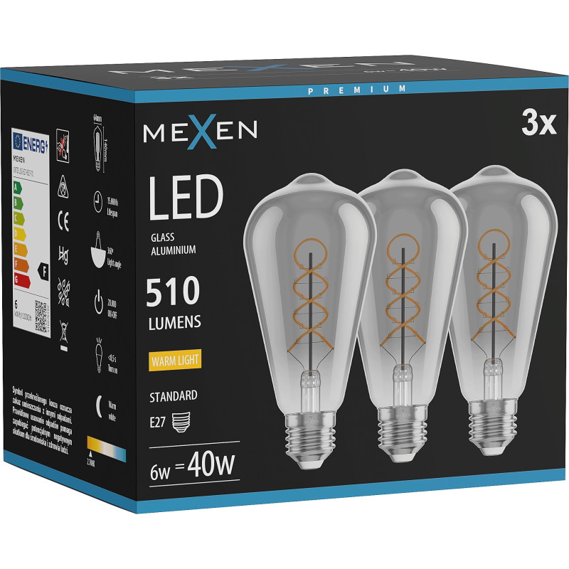 Mexen Vintis 3x Filament spiraal LED lamp E27, ST64, 6W, Warm - 2700K, 510 lm, smoke - L162-E27-0627-70x03
