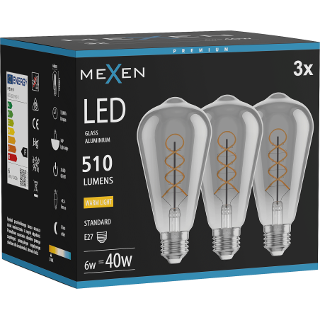 Mexen Vintis 3x LED spuldze ar spirālveida kvēldiega, E27, ST64, 6W, Silta - 2700K, 510 lm, dūmu krāsa - L162-E27-0627-70x03