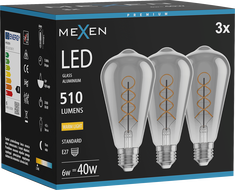 Mexen Vintis 3x LED filament žarulja spiralna E27, ST64, 6W, Topla - 2700K, 510 lm, dimljena - L162-E27-0627-70x03