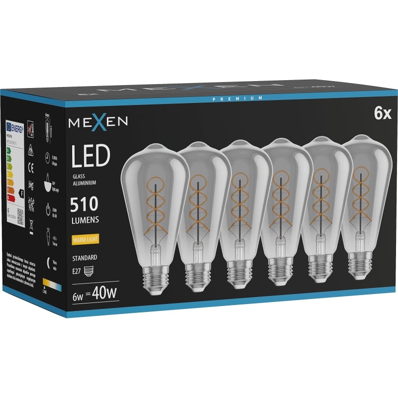 Mexen Vintis 6x Filament-Glühlampe Spirale LED E27, ST64, 6W, Warm - 2700K, 510 lm, Rauch - L162-E27-0627-70x06