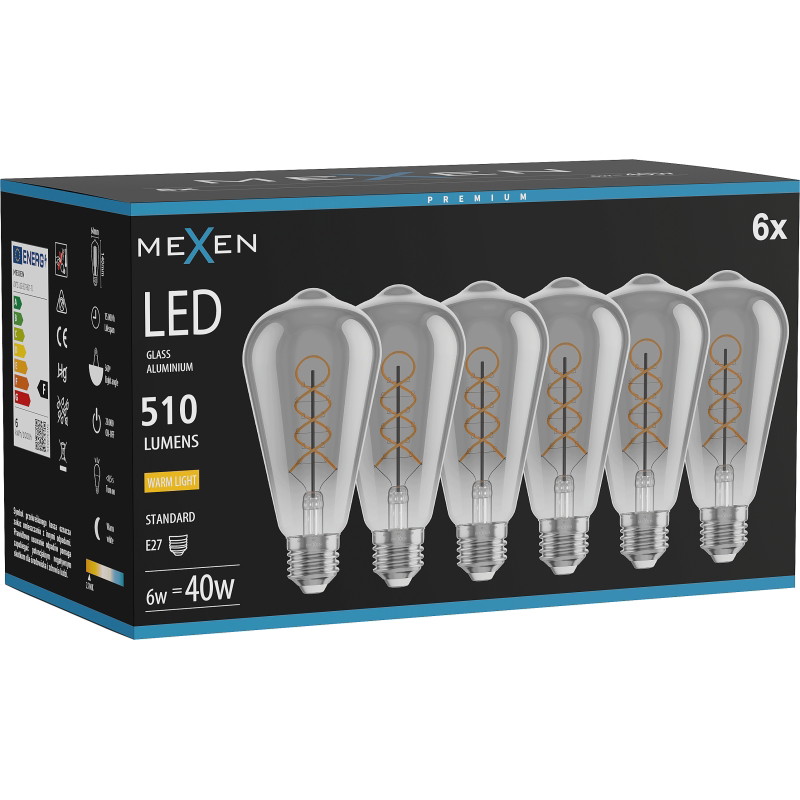 Mexen Vintis 6x LED filamentlampa med spiral E27, ST64, 6W, Varm - 2700K, 510 lm, rökfärgad - L162-E27-0627-70x06