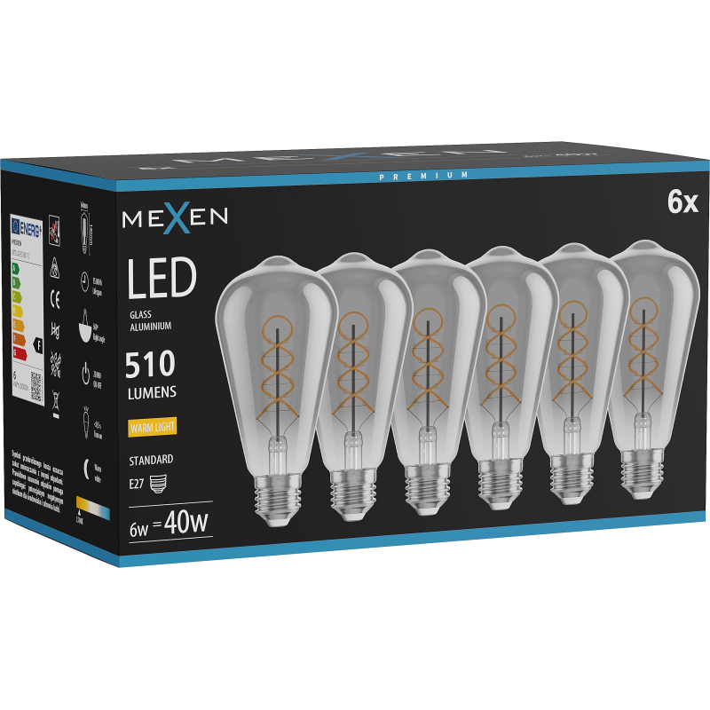 Mexen Vintis 6x Spuldze filamentu spirāle LED E27, ST64, 6W, Silta - 2700K, 510 lm, tonis - L162-E27-0627-70x06