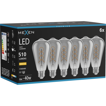 Mexen Vintis 6x Filament-Glühlampe Spirale LED E27, ST64, 6W, Warm - 2700K, 510 lm, Rauch - L162-E27-0627-70x06